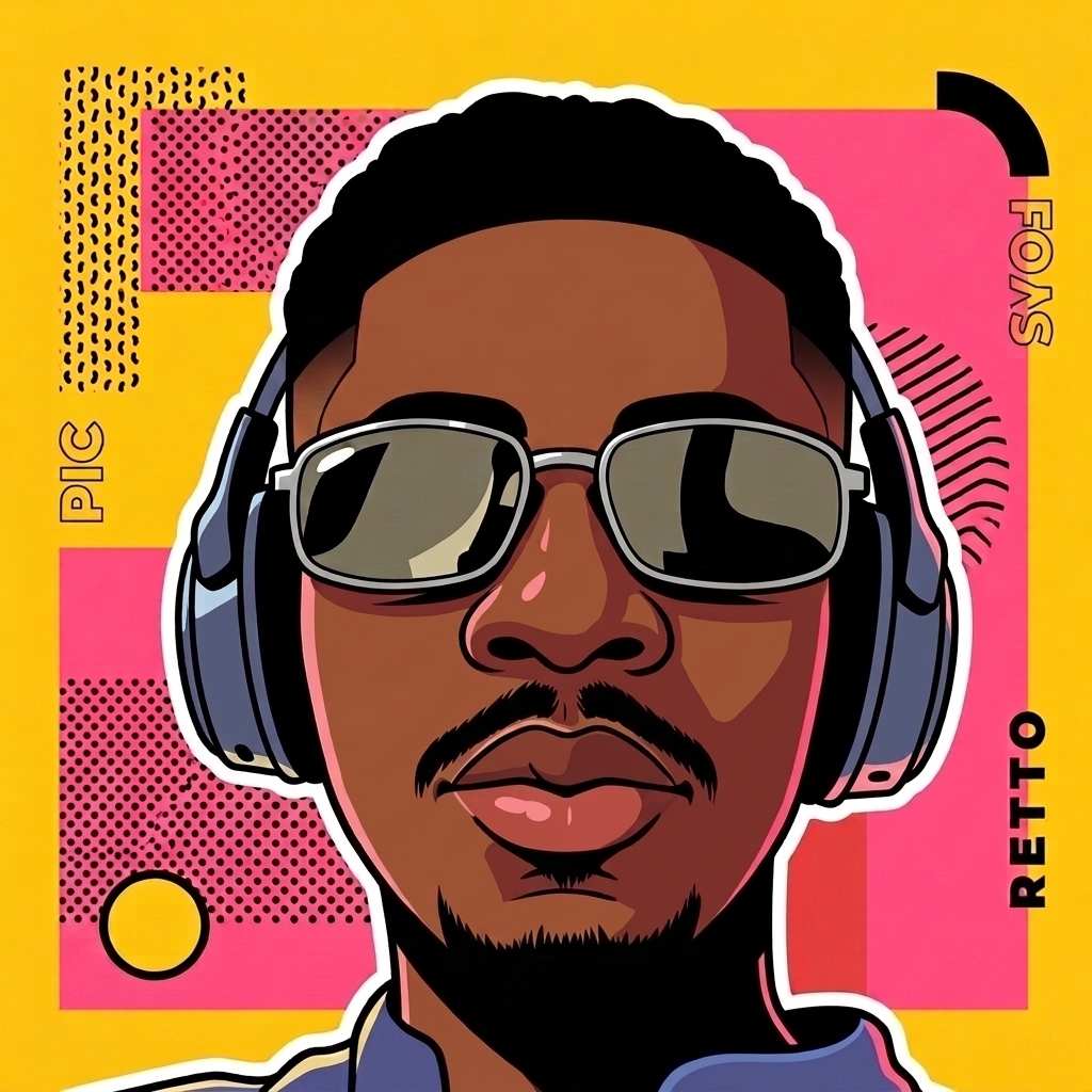 Illustrated portrait of Stephen wearing sunglasses and over-ear headphones